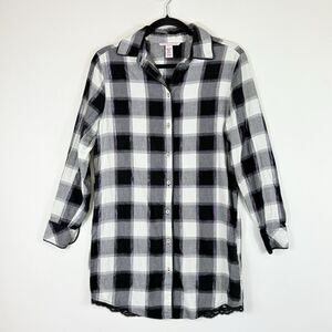 Victoria's Secret Womens XS Black White‎ Plaid Oversized Sleep Night Shirt Top
